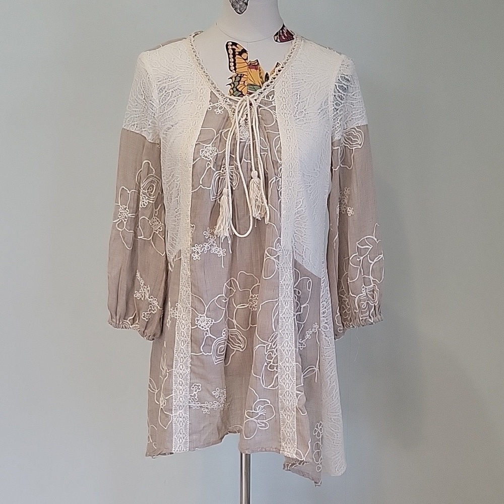 RYU cotton beige lace top. Boho style with tassle ties, loose fitting tunic.